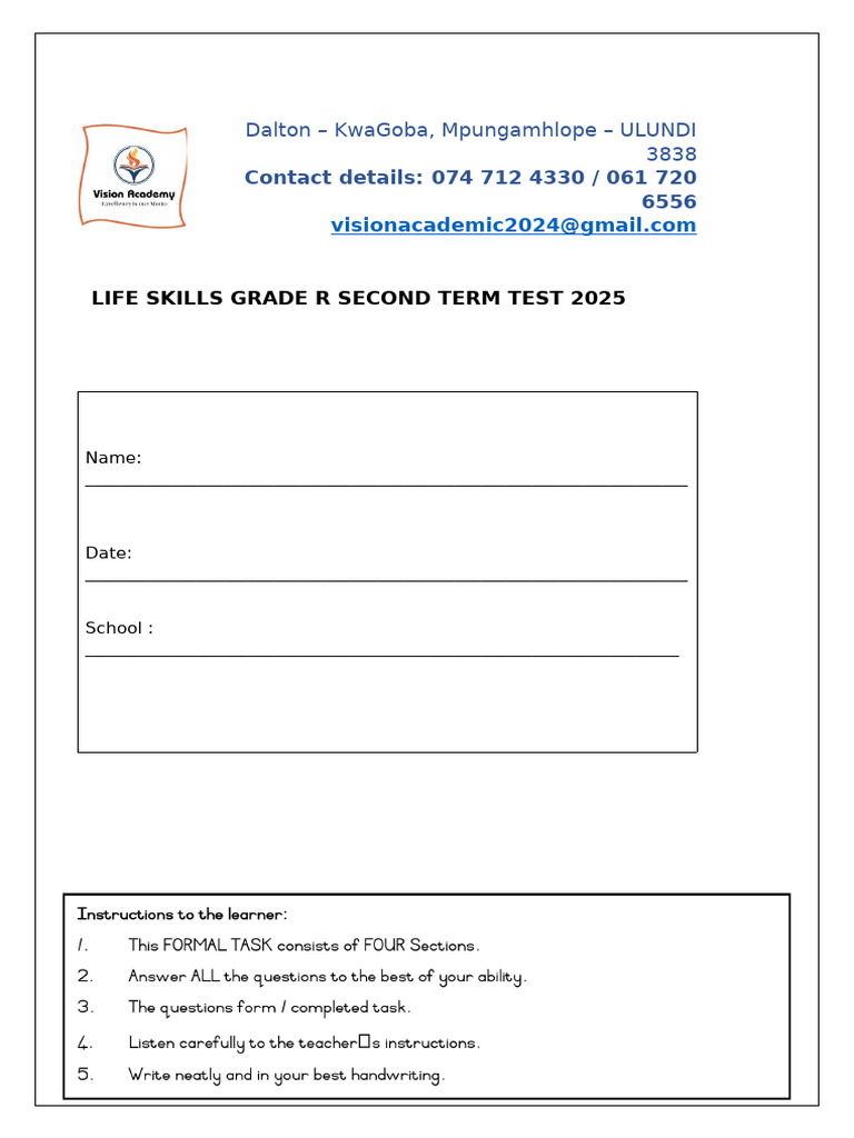 Grade R Life Skills Test 2025 | PDF