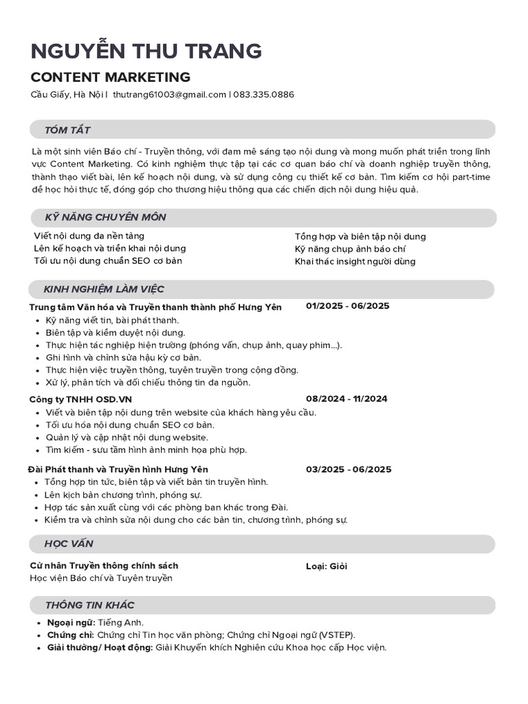 Nguyễn Thu Trang - Content MKT | PDF
