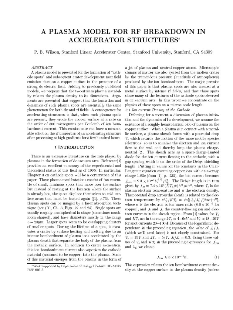A Plasma Model For RF Breakdown in Accelerator Structures | PDF ...