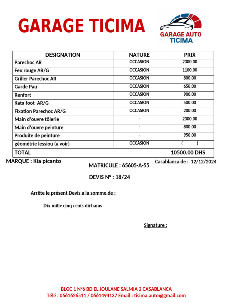 Devis Réparation Kia Picanto | PDF