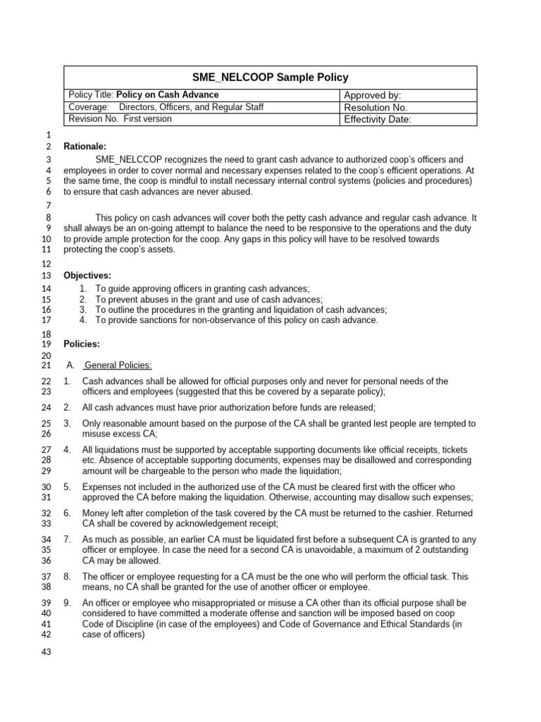 Cash Advance Policy for Employees | PDF | Credit Card | Expense