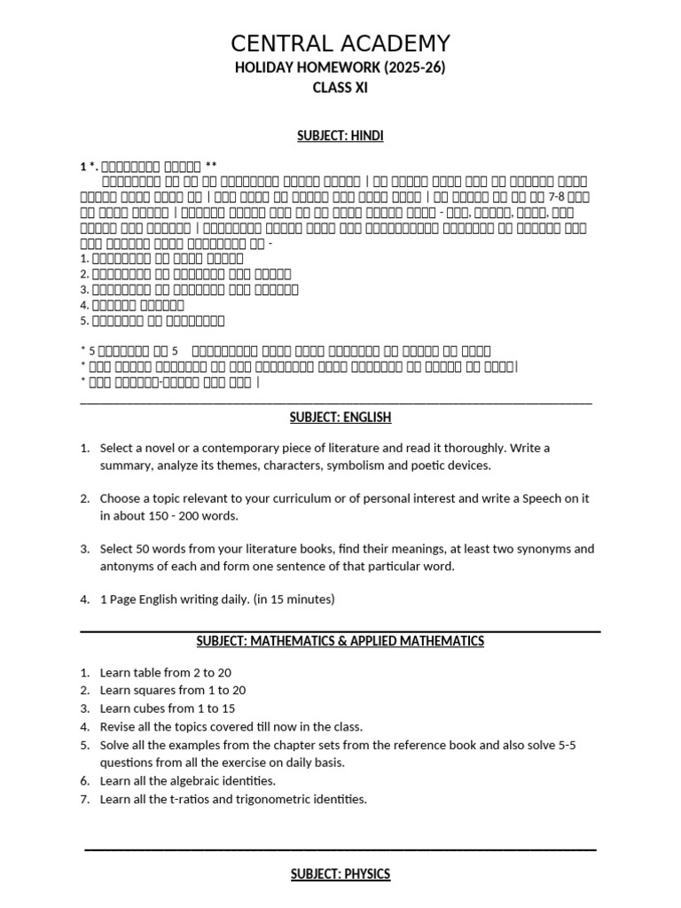 Class XI Holiday Homework Guidelines | PDF | Random Access Memory ...