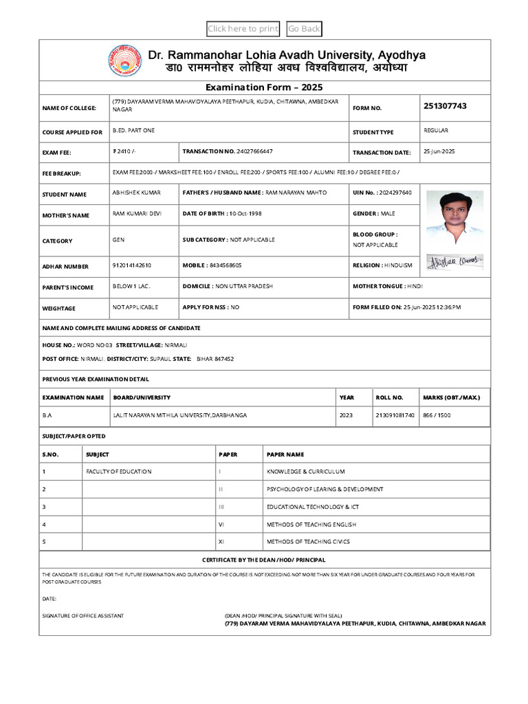 B.Ed. Examination Form 2025 | PDF