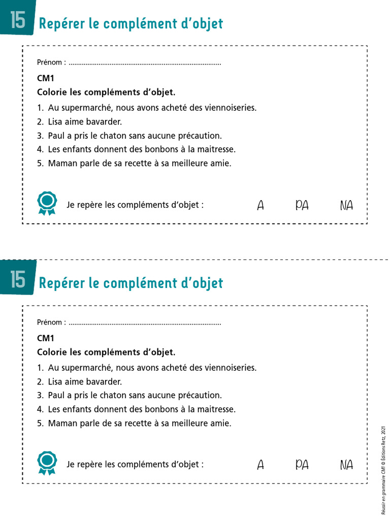 Évaluation de grammaire CM1 | PDF