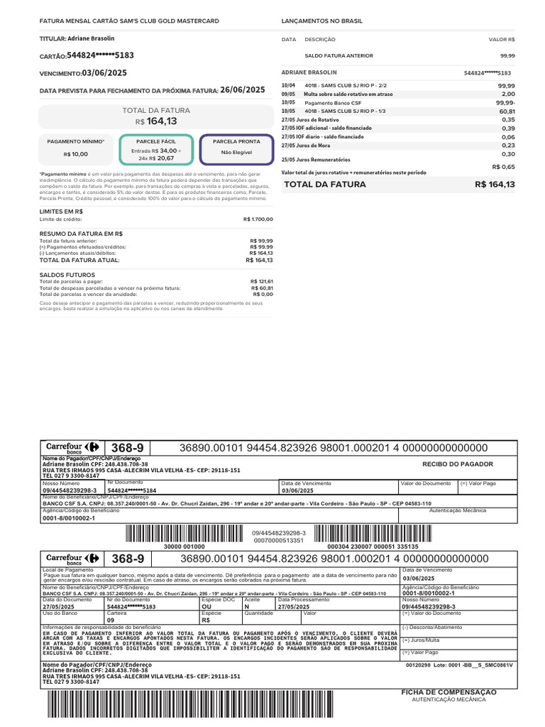 Fatura Mensal Cartão Sam's Club | PDF | Cartão de crédito | Setor privado