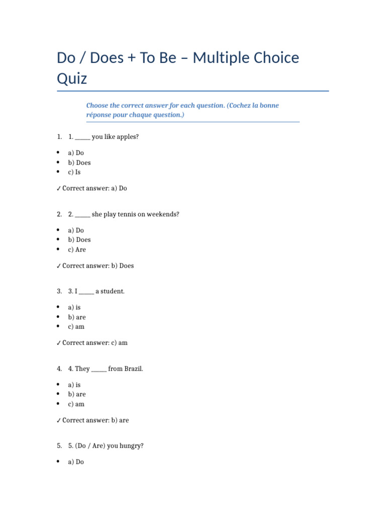 Do Does To Be Quiz Pdf