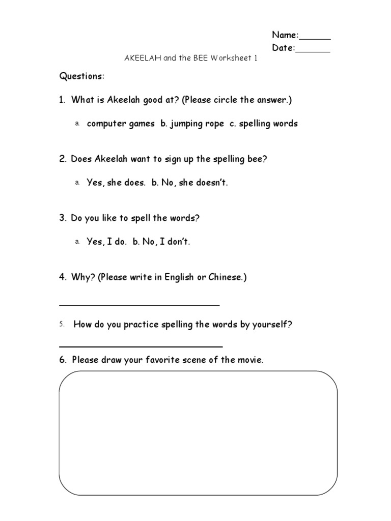 AKEELAH and the BEE Worksheet 1