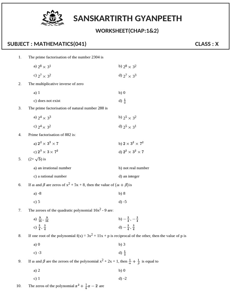 Worksheet of Class X | PDF | Quadratic Equation | Factorization
