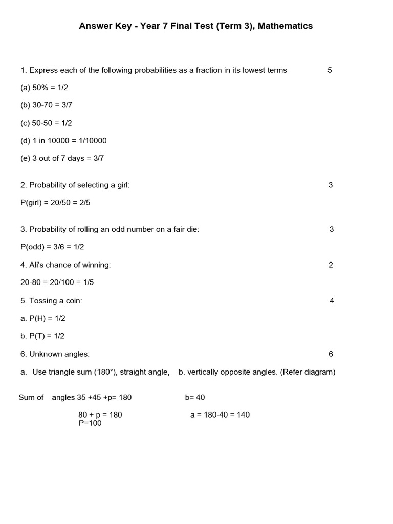 Y7 - Math - Answer - Key Final Exam QP | PDF