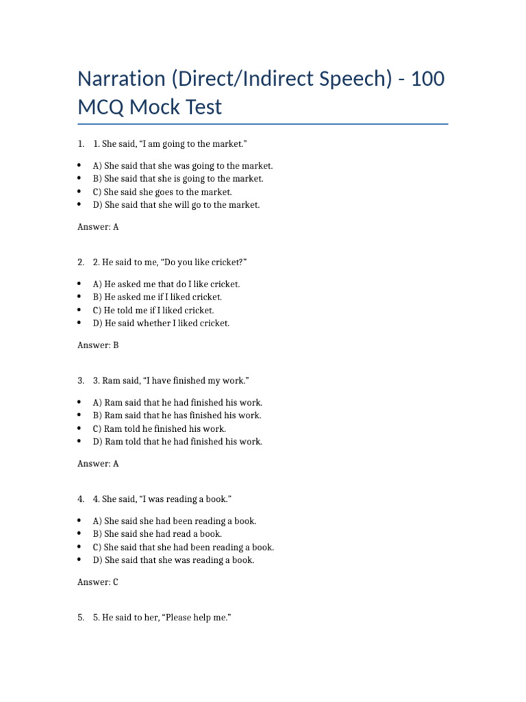 Narration MCQ Mock Test - 100 Questions | PDF