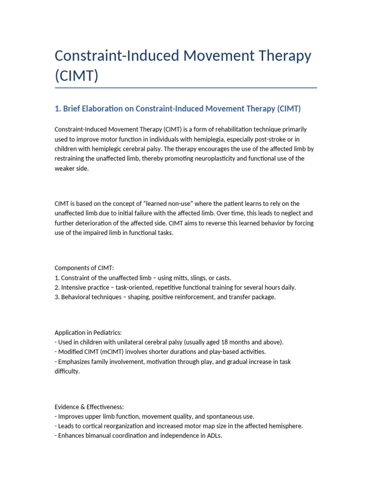 Constraint Induced Movement Therapy CIMT | PDF | Behavioural Sciences ...