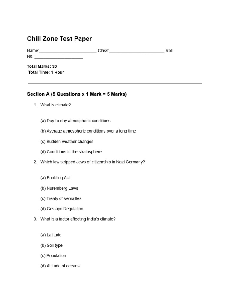 Chill Zone Test Paper Overview | PDF