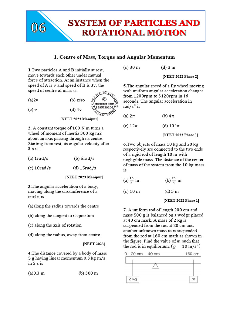 Chapter 06 System of Particles and Rotational Question | PDF | Rotation ...