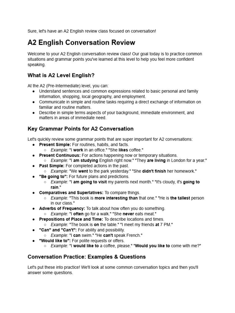 A2 English Conversation Practice Guide | PDF | Human Communication ...