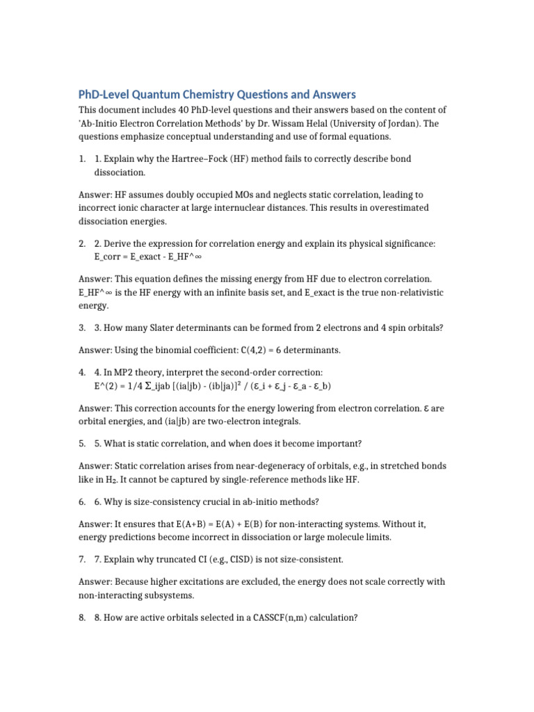 PhD Quantum Chemistry Q&A Guide | PDF | Ab Initio Quantum Chemistry ...
