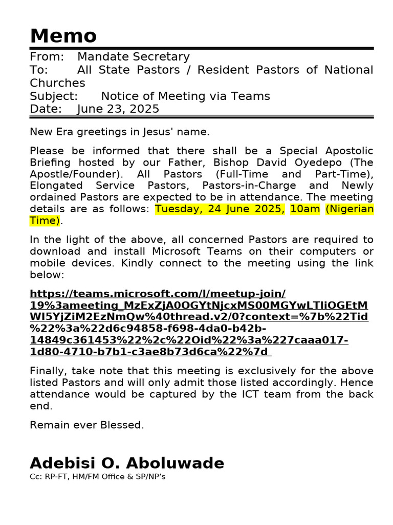 Memo - Notice of Meeting - 23062025 | PDF
