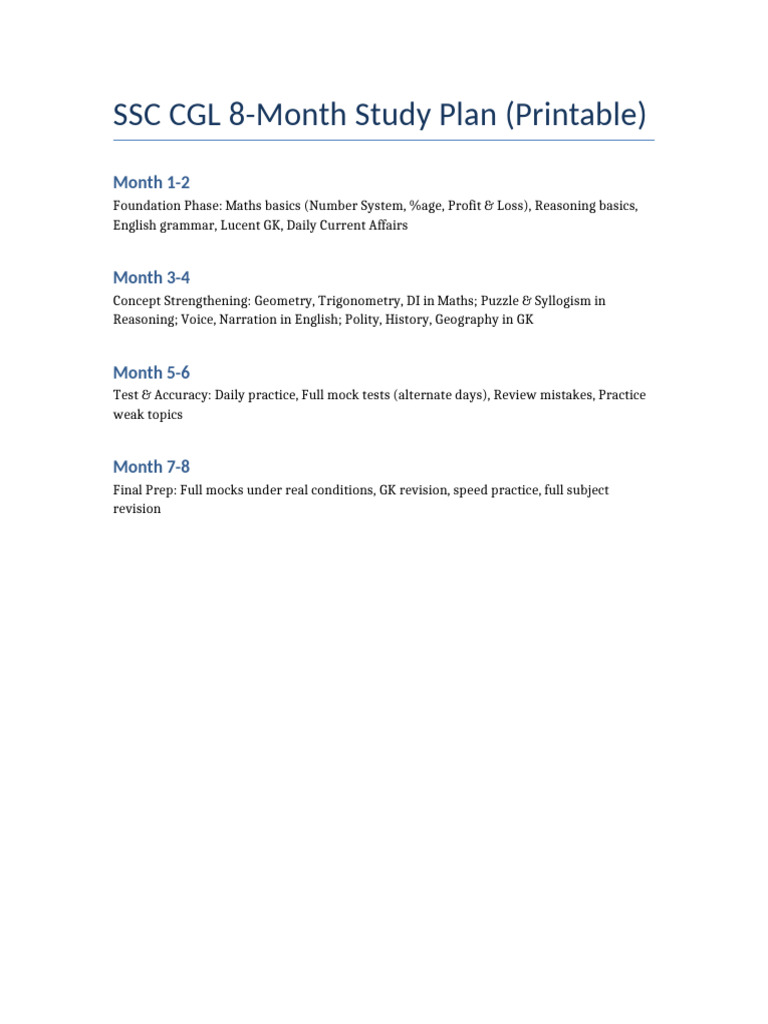 SSC CGL 8 Month Study Plan | PDF