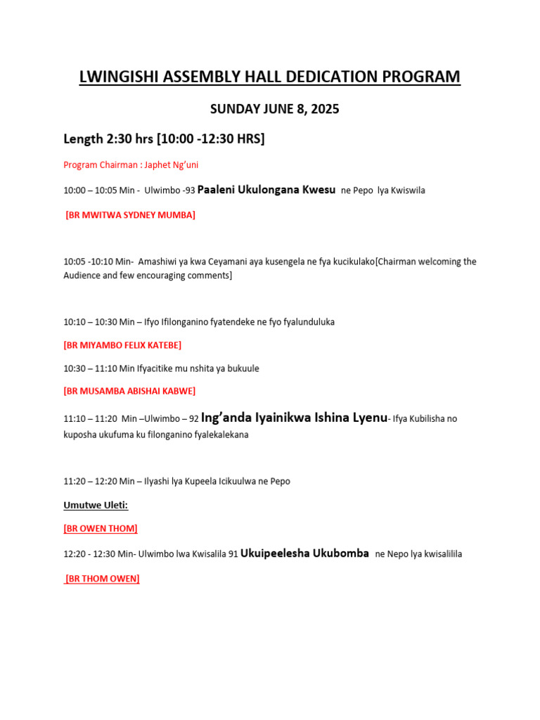LWINGISHI Assembly Hall Dedication Program | PDF