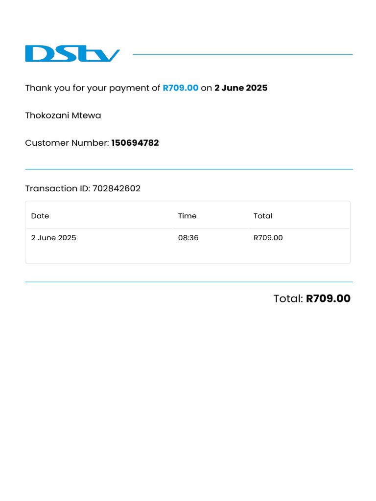 DStv Payment Receipt - R709.00 | PDF