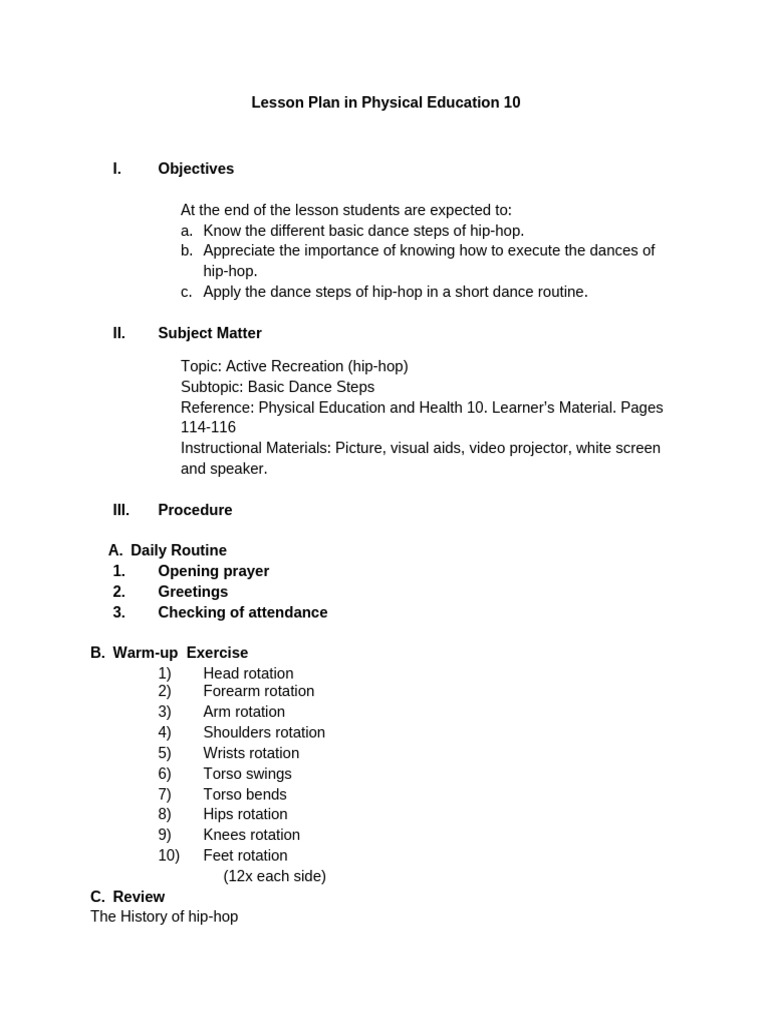 Hip-Hop Dance Lesson Plan for PE 10 | PDF | Hip Hop Music | Dances