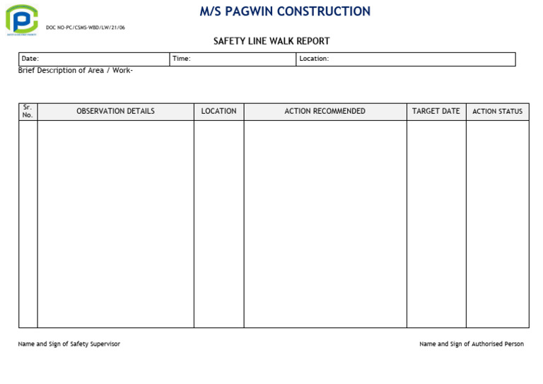 Safety Line Walk Report Template | PDF