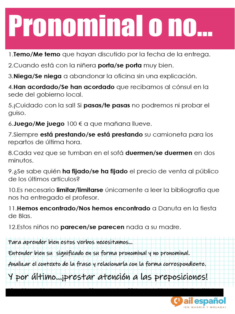Verbos pronominales y no pronominales | PDF
