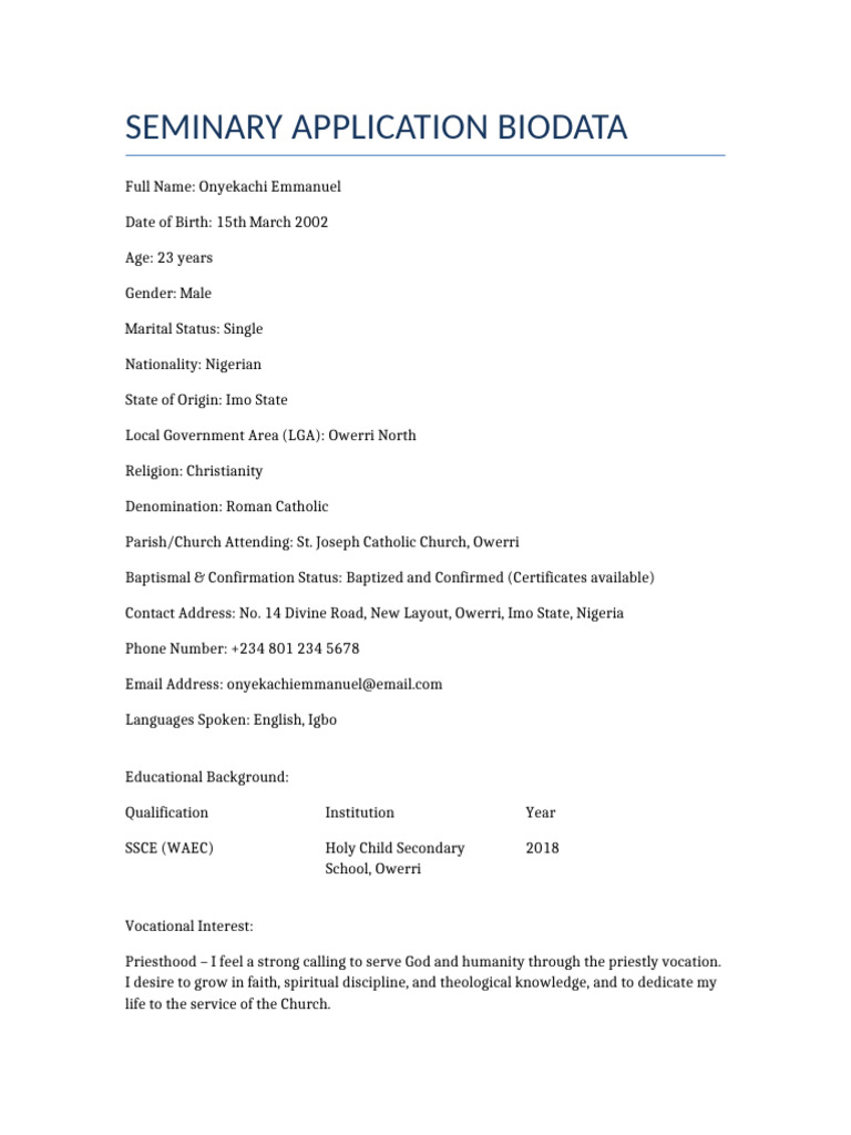 Catholic Seminary Application Form | PDF