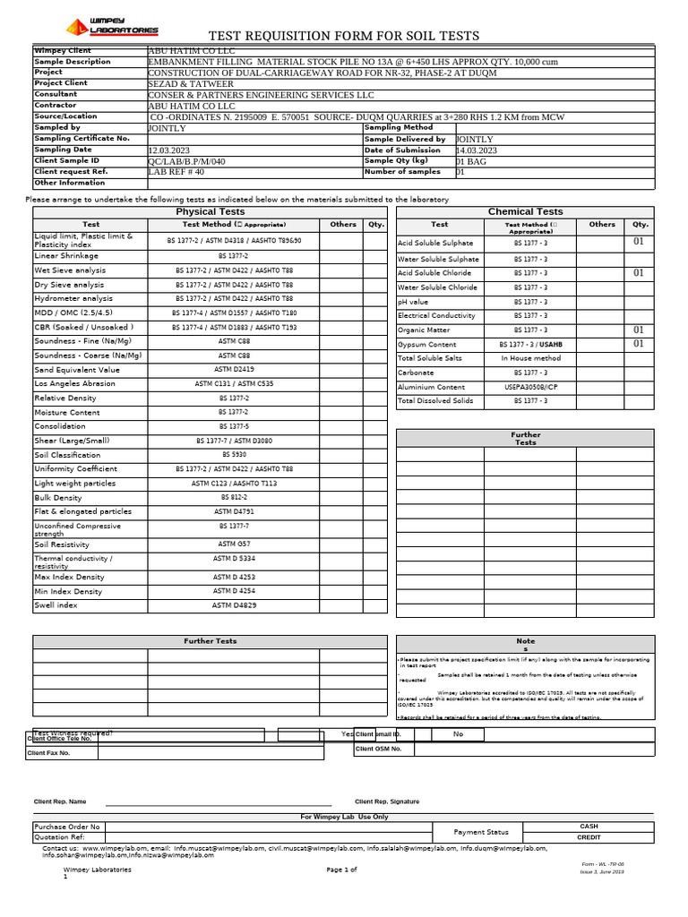 Soil Test Requisition Form for Road Project | PDF | Applied And ...