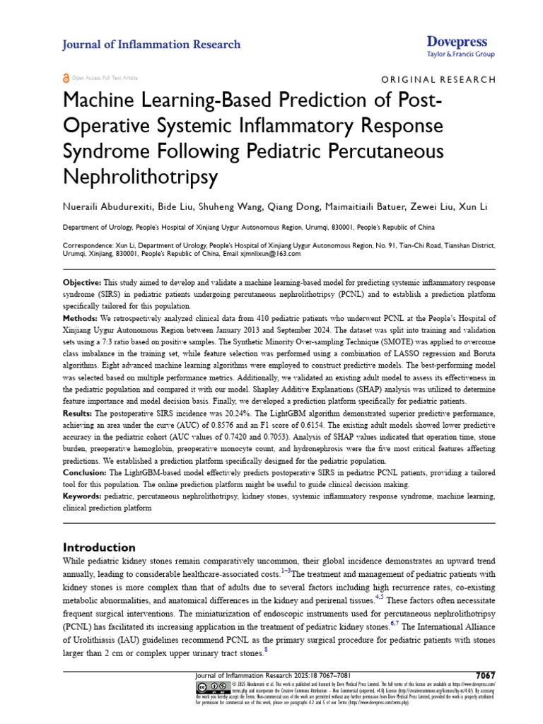JIR 518631 Machine Learning Based Prediction of Post Operative Systemic ...