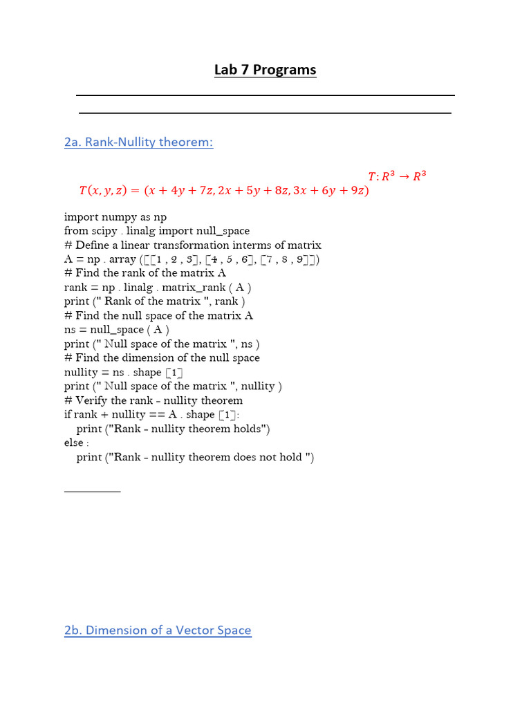 MATH Lab 7 (Programs-Basis, dimension and LT) | PDF | Matrix ...