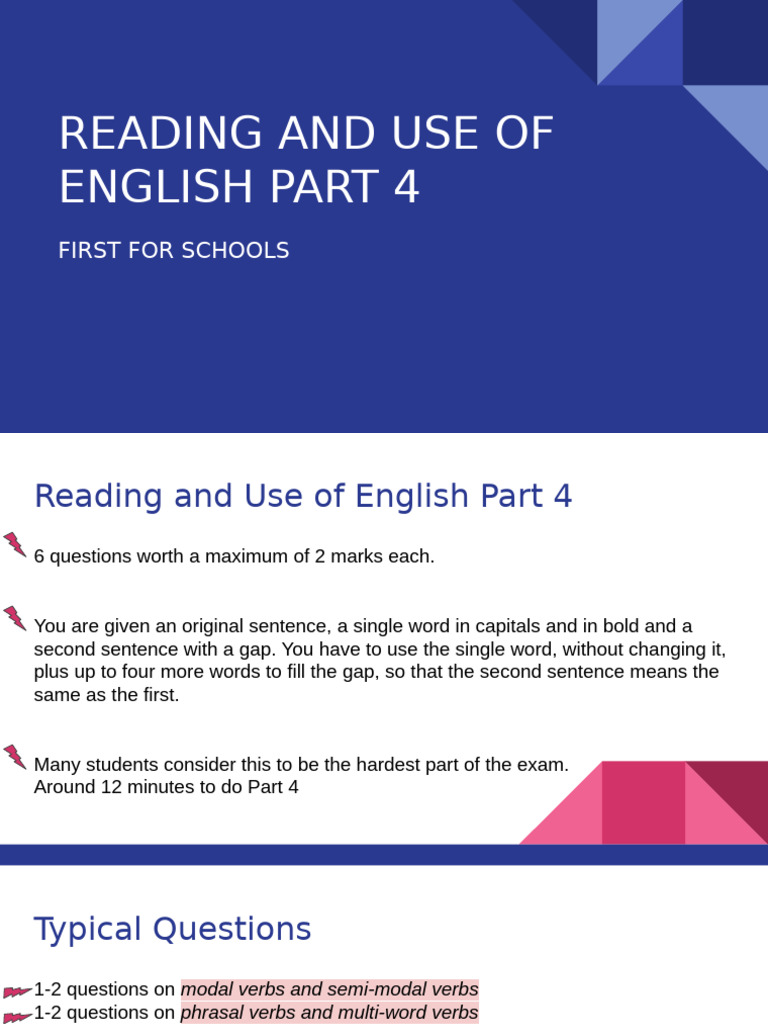 English Exam: Reading Part 4 Guide | PDF | Verb | English Language