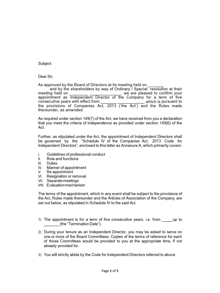 Terms of Appointment of Independent Director | PDF | Expense | Board Of ...