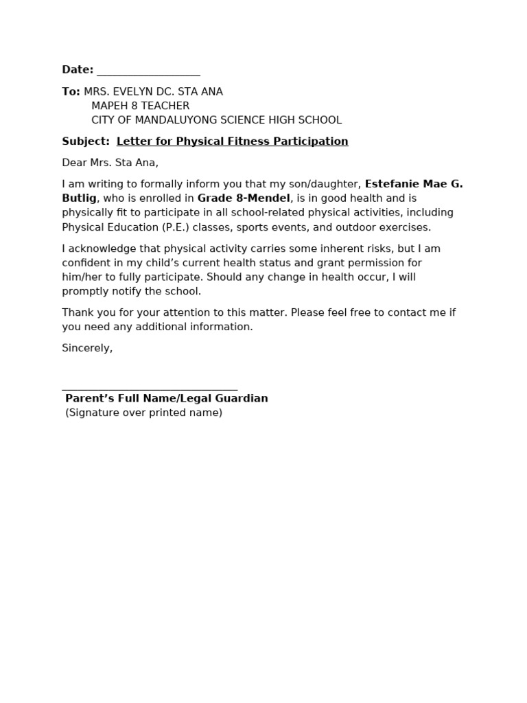 Fitness Participation Letter for Grade 8 | PDF