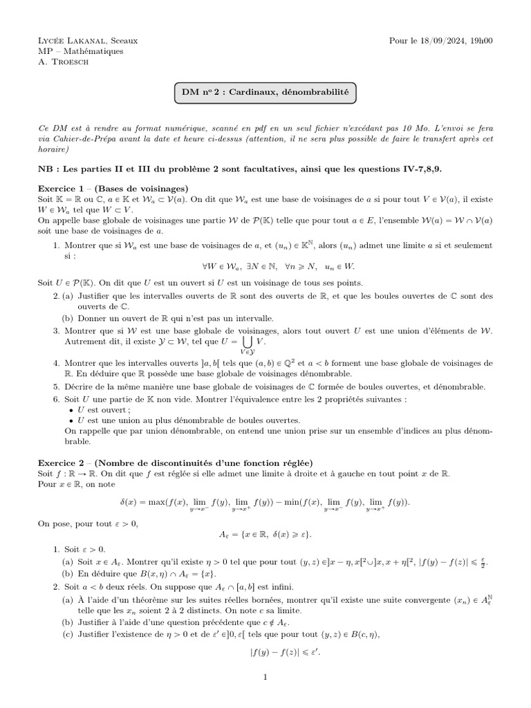 DM 2 : Cardinaux et Dénombrabilité en Maths | PDF | Limite ...