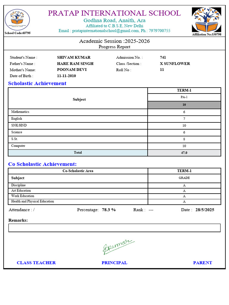 Pratap International School Progress Report | PDF | Intelligence