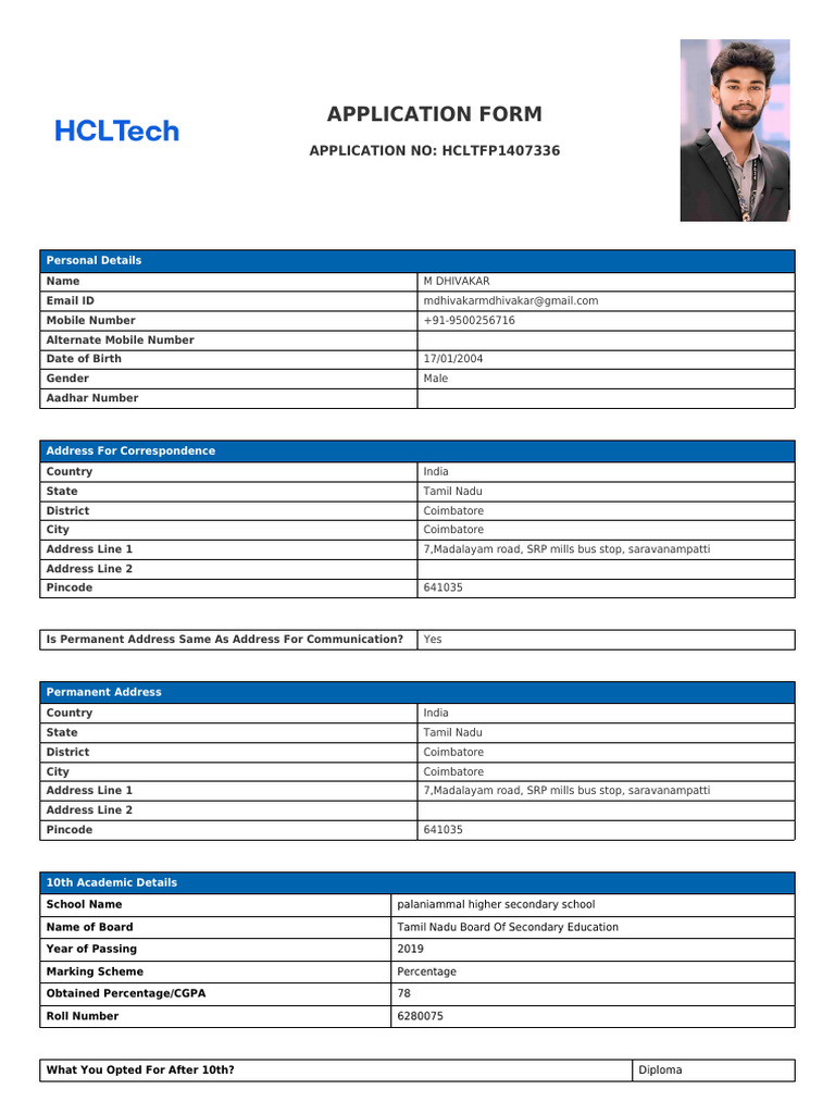 HCLTech Application Form for M Dhivakar | PDF