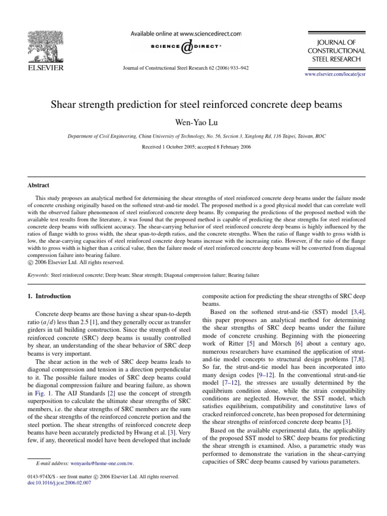 2006 Shear Strength Prediction For Steel Reinforced Concrete Deep Beams ...