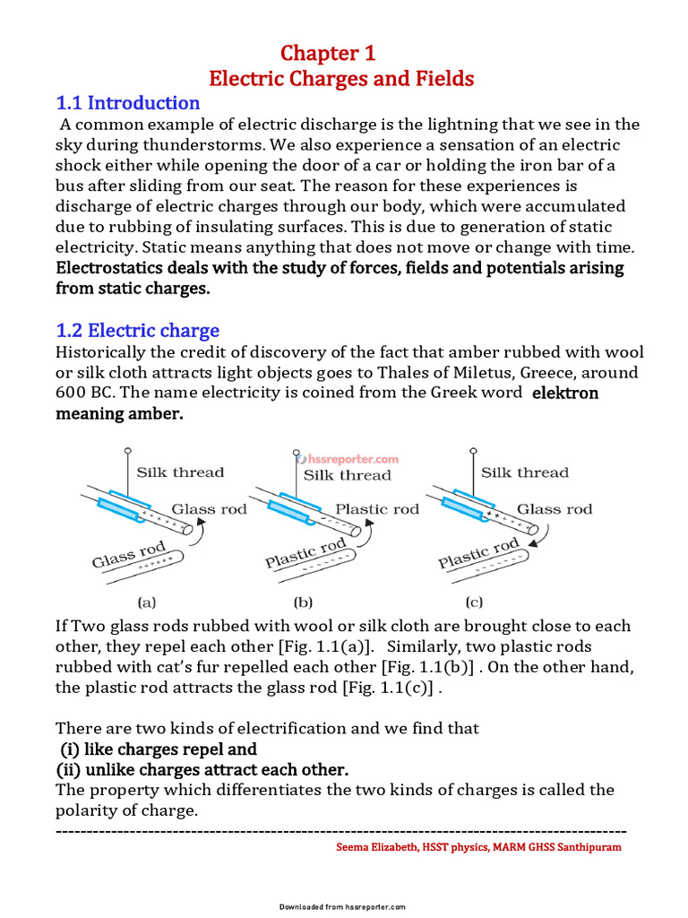Plus Two Physics Notes Ch-1 Electric Charges and Fields - Hssreporter ...