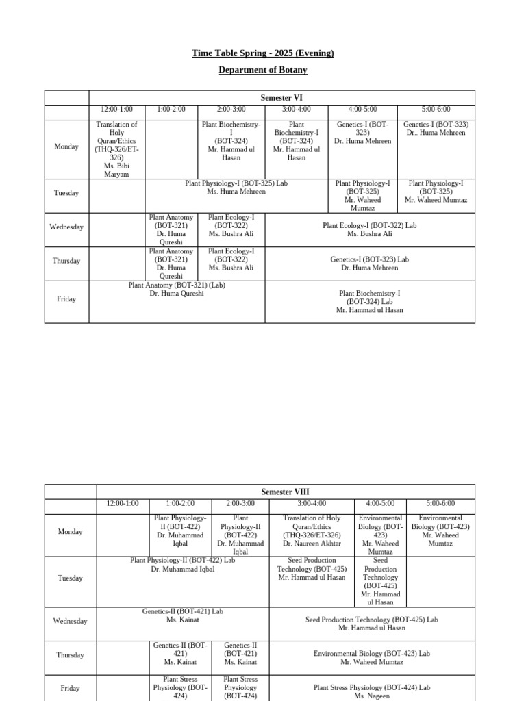 Botany Evening Classes Timetable 2025 | PDF | Botany | Biology