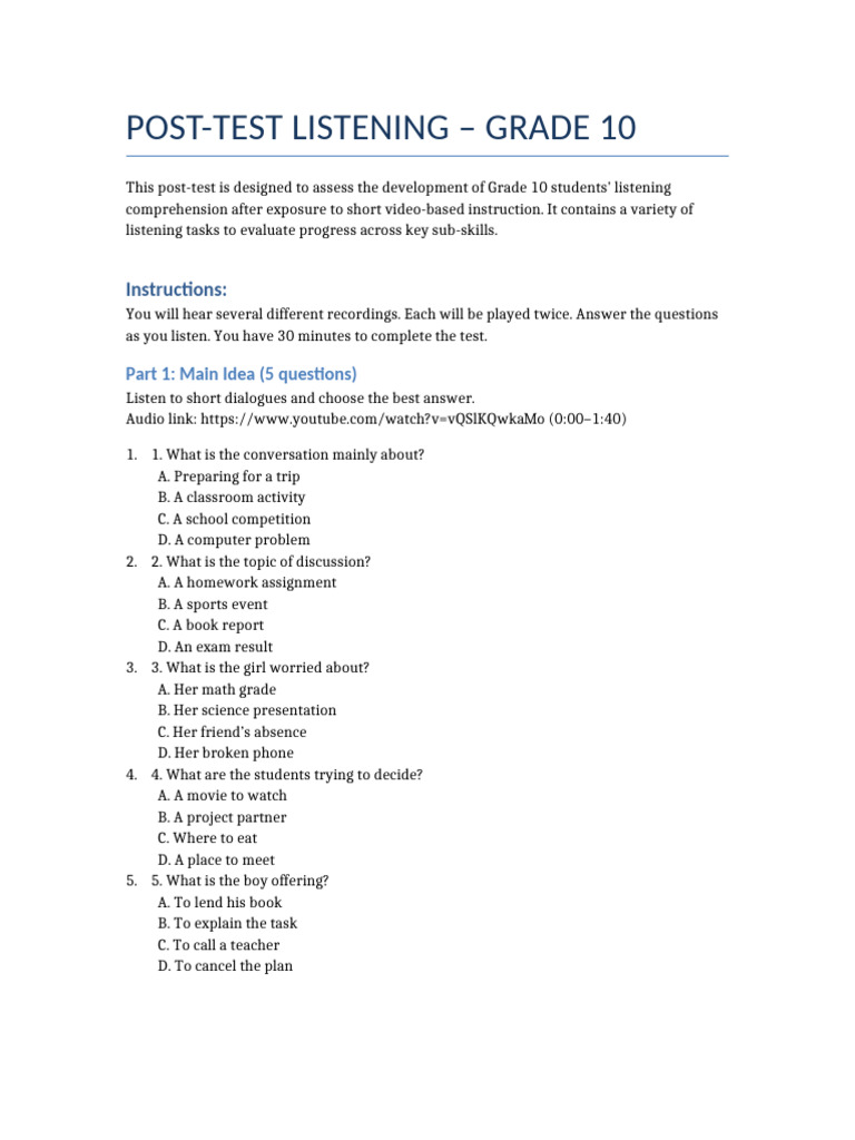 Grade 10 Listening Comprehension Test | PDF | Human Communication ...