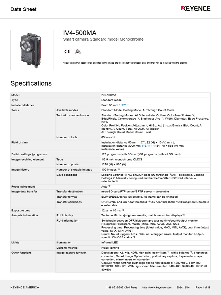 Keyence IV4-500MA Camera Data Sheet | PDF | Lighting | Computing