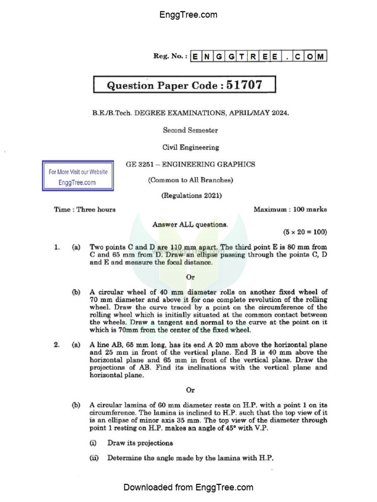 GE3251 Engineering Graphics Apr May 2024 Question Paper Download | PDF