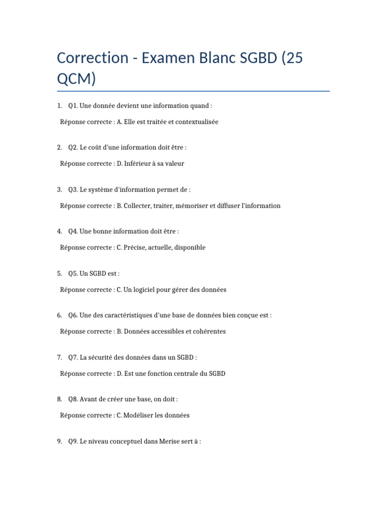 Correction Examen Blanc SGBD QCM | PDF | Bases de données | Informatique