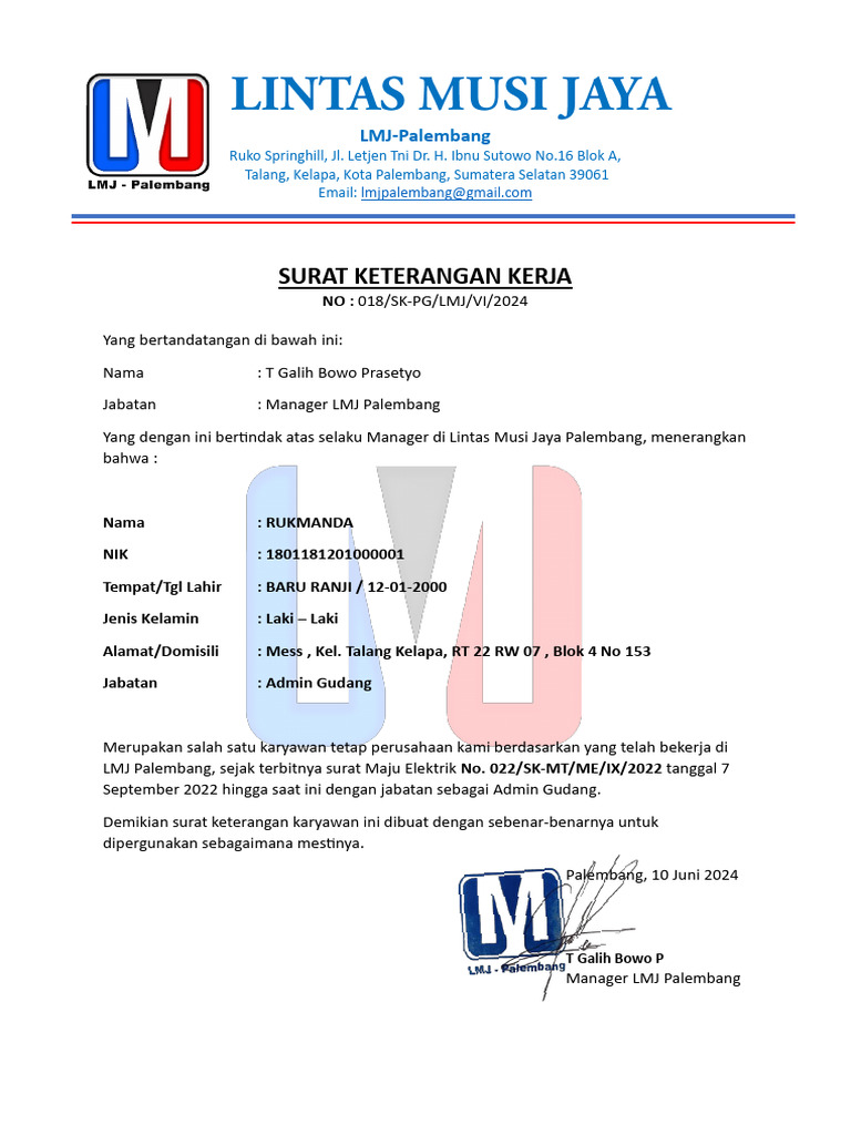 Surat Keterangan Kerja Rukmanda LMJ | PDF