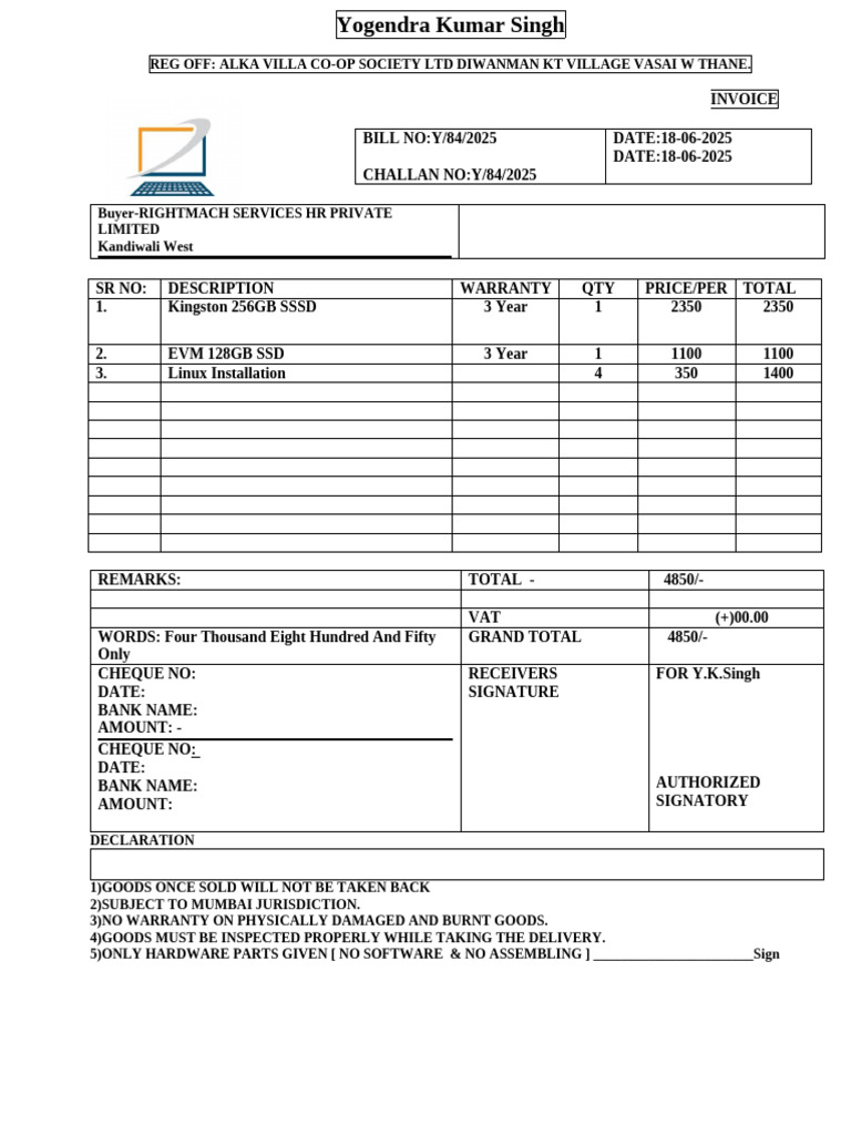 Bill Copy of Rightmatch HR Private Limited | PDF