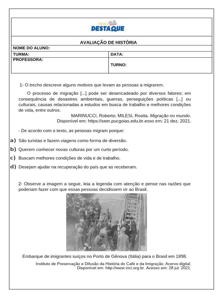 Prova de História 4 Ano | PDF | Brasil | Imigração