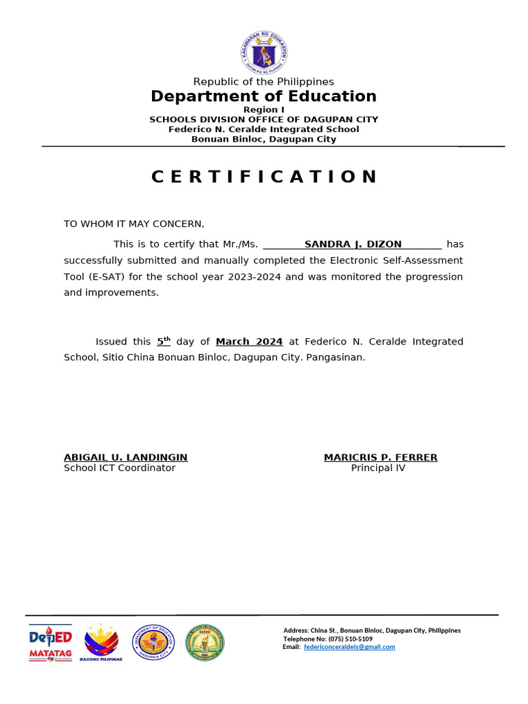 E-SAT Certification for 2023-2024 | PDF