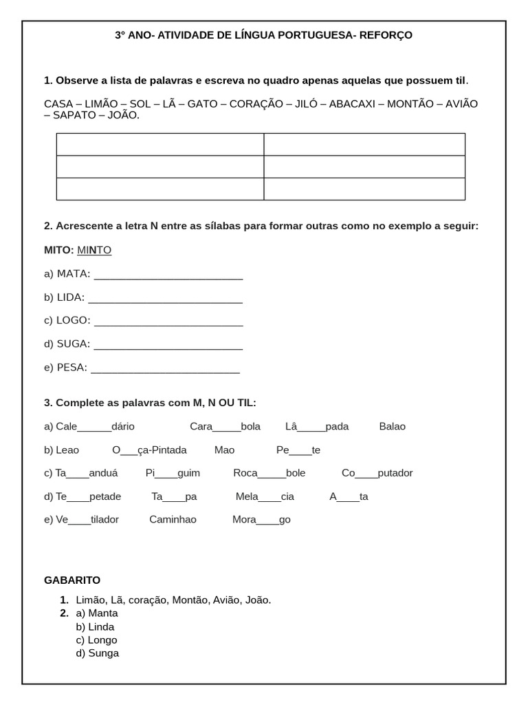 Atividade de Língua Portuguesa 3º Ano | PDF