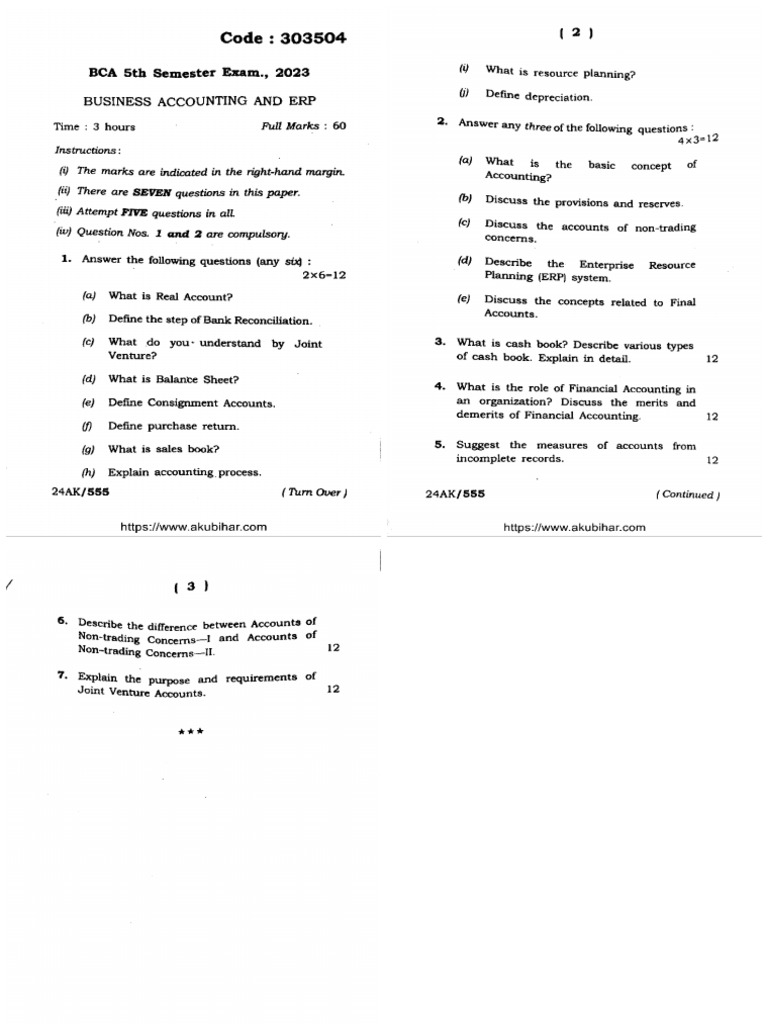 Bca 5 Sem Business Accounting and Erp 303504 2023 | PDF