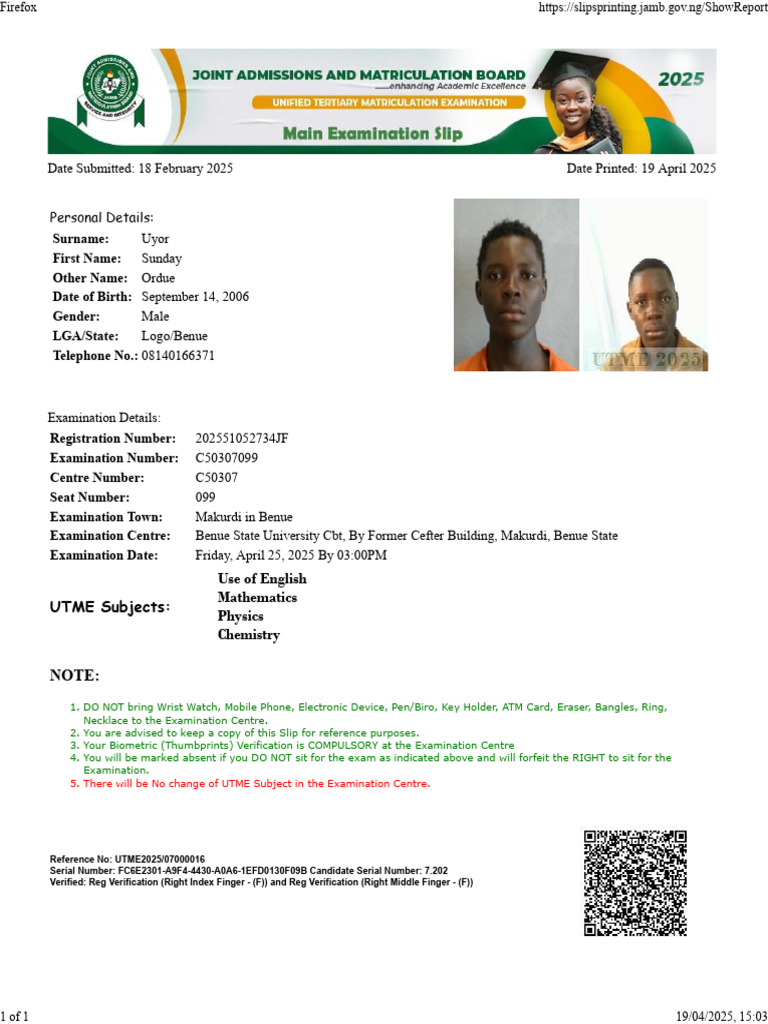UTME 2025 Examination Slip Details | PDF